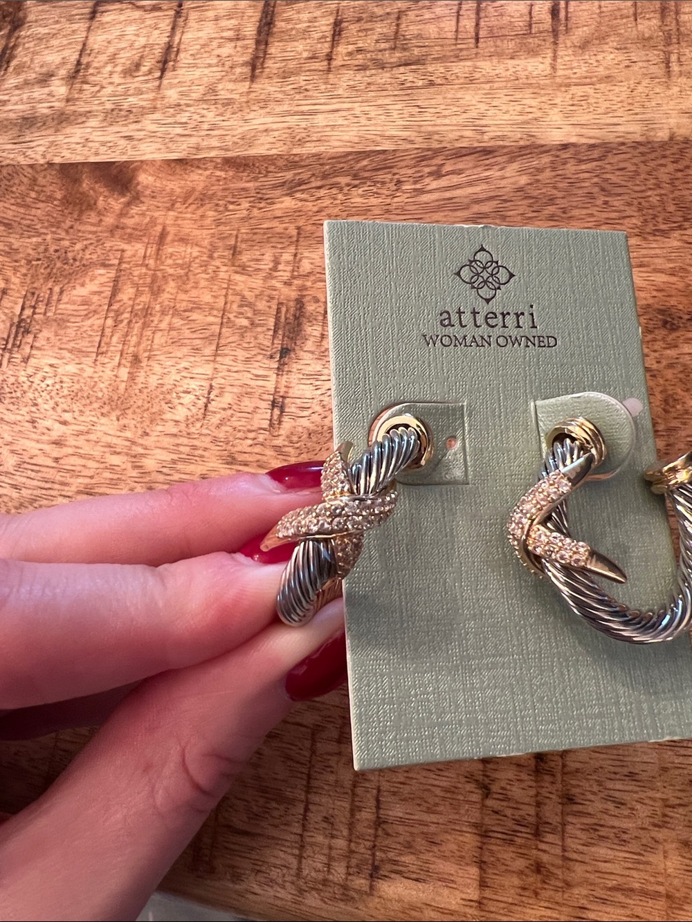 Two-Tone Gold X Pavé Hoop Earrings - Picture 4 of 7